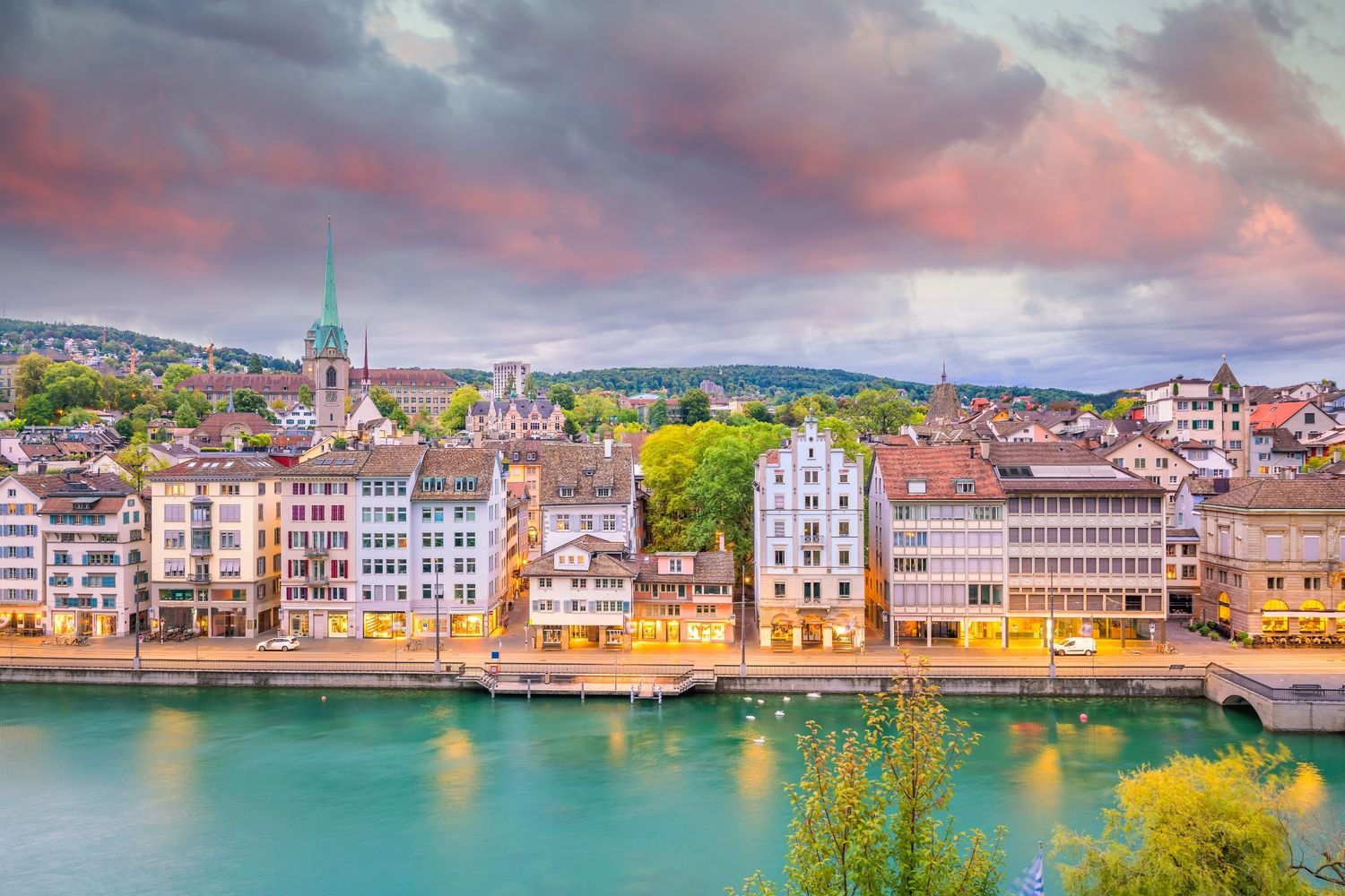 Scenic European town with historic architecture and mountains